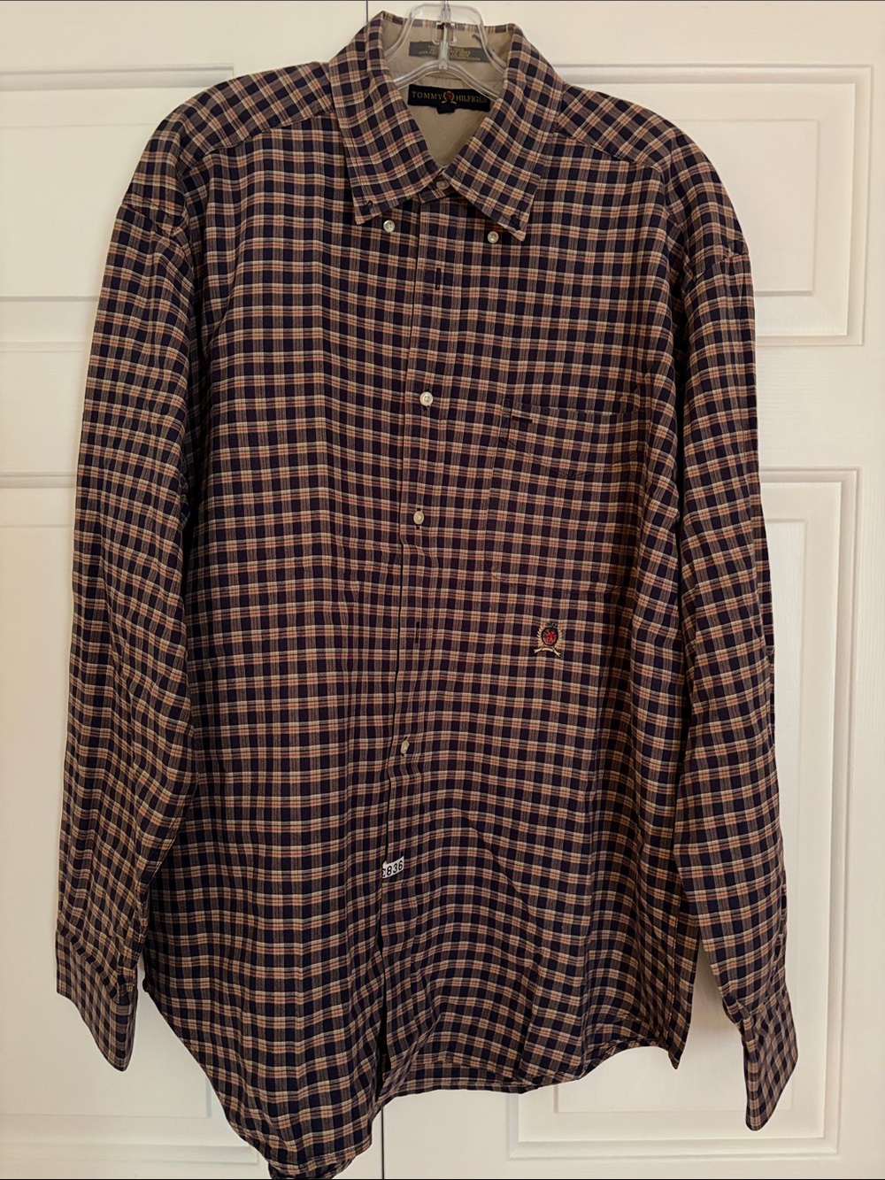 Tommy Hilfiger Men’s Navy and Tan Plaid Button-Down Shirt